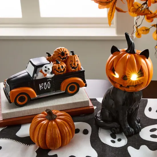 11" Black Cat with Pumpkin Face Halloween Decor {2}