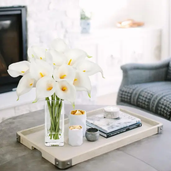 Fake Flowers in Vase 12&ldquo; Artificial Calla Lily Pure-White Flowers Arrangement with Vase and Faux Water for Home Decor Dining Table {3}