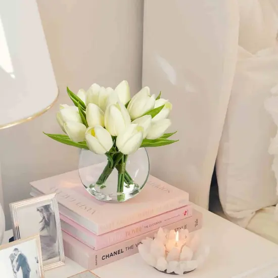 Artificial White Tulips in Vase with Faux Water 6" Real Touch Flowers Fake Tulips Small Flowers Arrangement in Round Glass Vase for Mother's Day Table Centerpiece Wedding Home Decor {3}