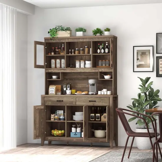 Costway Kitchen Pantry Cabinet with Microwave Countertop Double Glass Doors 2 Drawers {4}