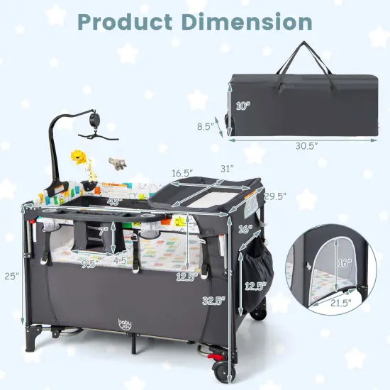 Honeyjoy 5-in-1 Baby Crib with Adjustable Height Soft Mattress Portable Pack Play with Music Black/Grey {3}