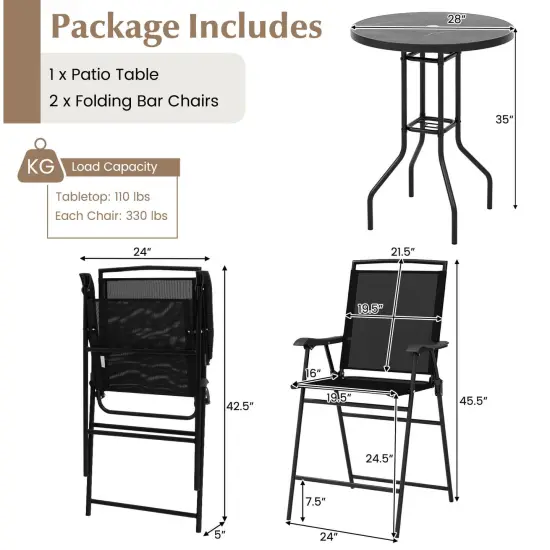 Costway 3 PCS Outdoor Bar Stool Set with DPC Tabletop Umbrella Hole & Footrest 2 Chairs {3}