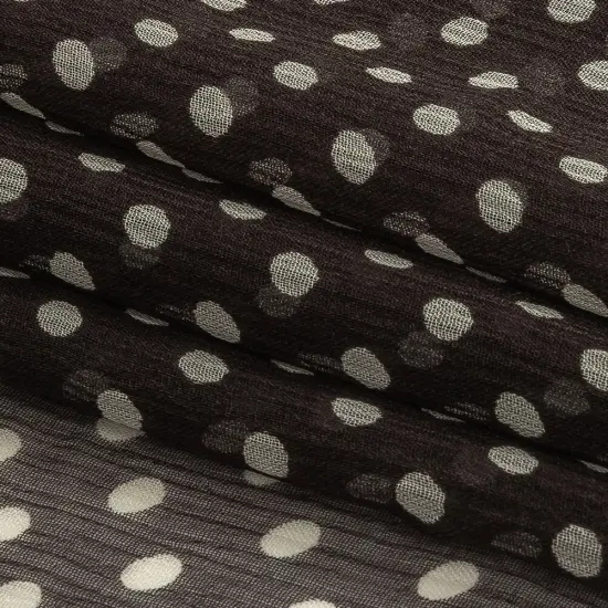 1 Yard Charcoal Cream Polka Dotted Crinkled Silk Chiffon 50 Inch Width {1}
