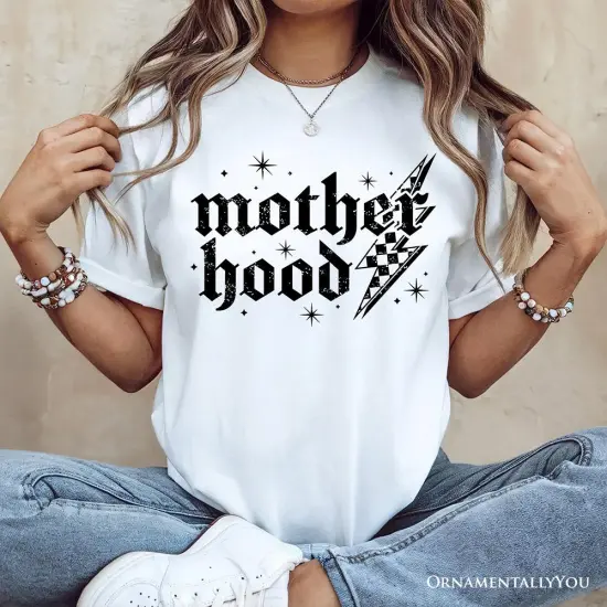 Checkered Motherhood Lightning T-Shirt, Black and White Retro Tee for Strong Mothers {5}