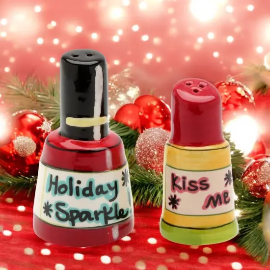 Ceramic Christmas Theme Nail Polish & Lipstick Salt and Pepper Shakers, Christmas Decor, Gift for Her {1}