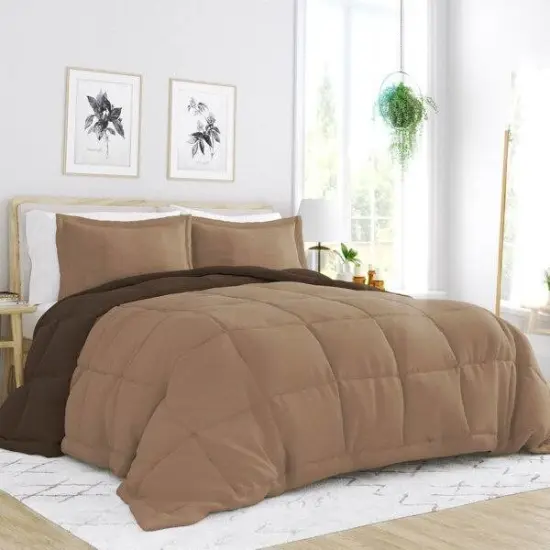 Taupe Brown Microfiber Comforter Set with Reversible and Baffle-Box Machine Washable Bedding {1}
