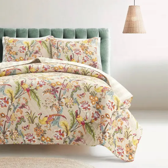 3 Piece Tan Quilt Set with Peacocks Birds Floral Design and Reversible Striped Pattern for Bedroom {5}