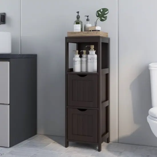 Modern Freestanding 2-Drawer Bathroom Floor Cabinet with Open Storage Shelf and Foot Pads Grey {6}