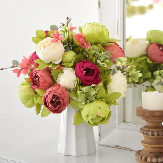 2 Artificial Peonies Silk Flowers and Hydrangeas - Country Barn Red {2}