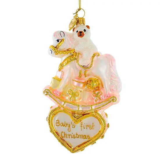 Huras Family 5.0 Inch Girl Rocking Horse On Heart Christmas Tree Ornament , Christmas Decor Baby's First Christmas Pink {1}
