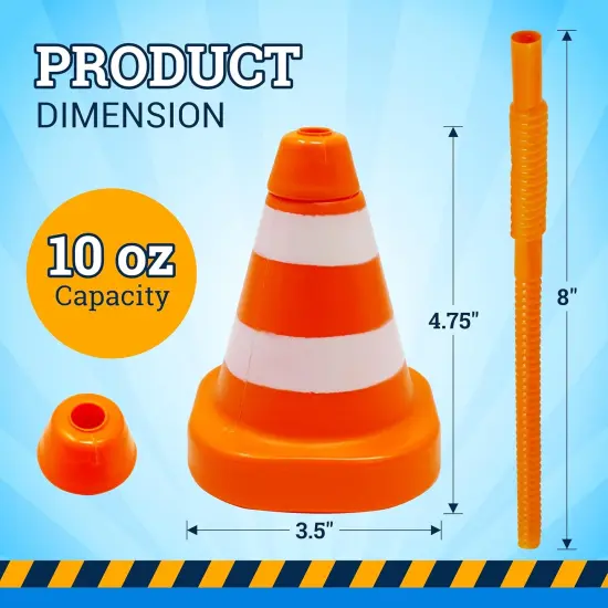 4E's Novelty 8-Pack Construction Cone Cups, 10oz Plastic Cup with Lid & Straws, Construction Theme Party Cups {3}