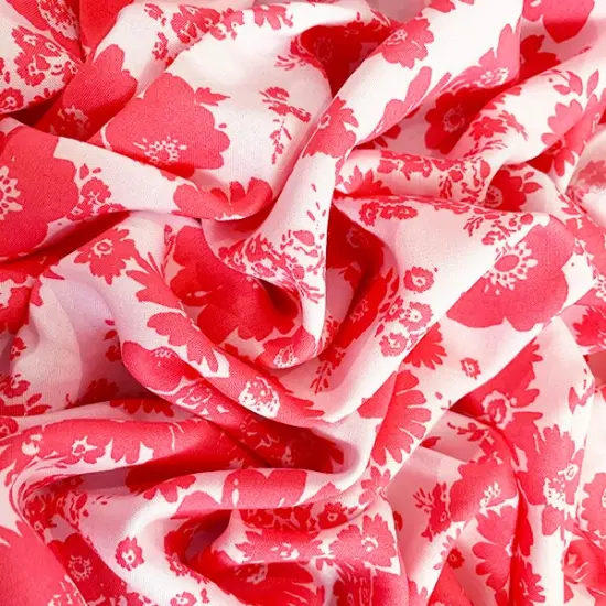 Coral and White Daisy Print Rayon Challis Fabric By the Yard {1}