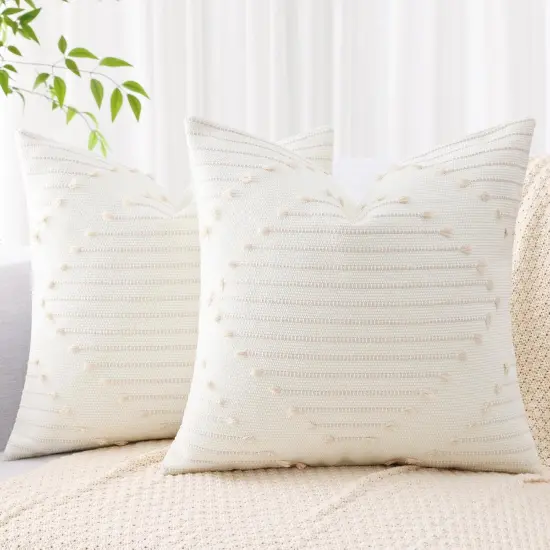 Outdoor Spring Throw Pillow Covers 18X18 Set of 2, Farmhouse Decorative Pillow Covers for Couch Sofa Living Room, Beige & Cream White {1}