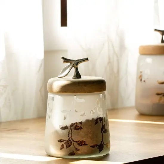 Twigy Frosted Glass Jar with Wooden Lid - 4.9X4.9X7.4" {1}