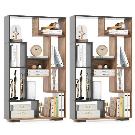 Costway 2 PCS 47" Tall Bookshelf Modern Geometric Bookcase with Open Shelves for Home Black&Natural/White {7}