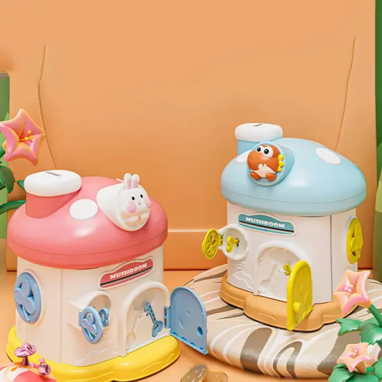 Kitcheniva Kids Cartoon Mushroom House Piggy Bank Key Lock Saving Cash Coin Money Can Toy Pink {3}