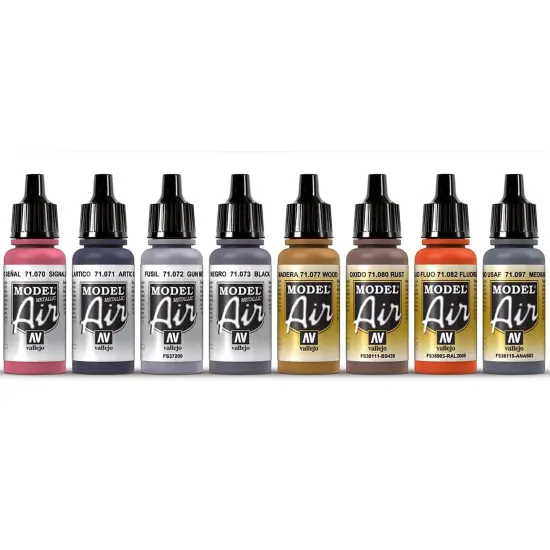 Vallejo Paints: Model Air Color Set - Metallic Effects - 16 Paint Colors - 18ml (.60oz) Bottles, Acrylics For Modeling & Miniatures, Opaque, Hobby {4}
