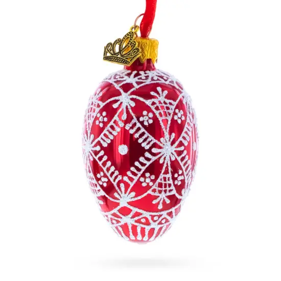 Red with White Glitter Snowflake Lace Design Mini Glass Egg Ornament 2.9 Inches {3}