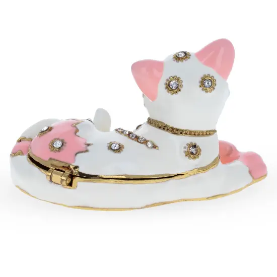 Pink and White Cat Jeweled Trinket Box Figurine {5}