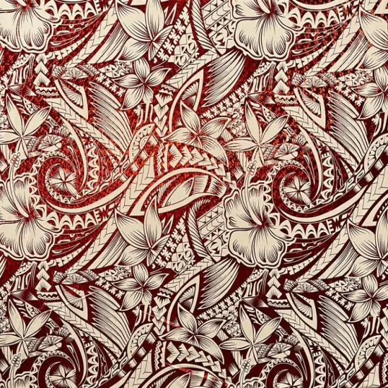 1 Yard Hibiscus Plumeria Polynesian Tattoo Polyester Foil Fabric, 36" x 60" Yard Unique Floral Shine for Apparel & Crafts Black & Rust {3}