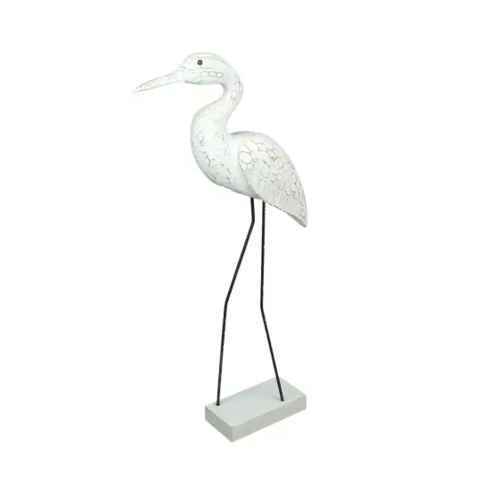 Hand Carved Wood and Metal White Egret Bird Statue 21 Inches High Coastal Decor {1}