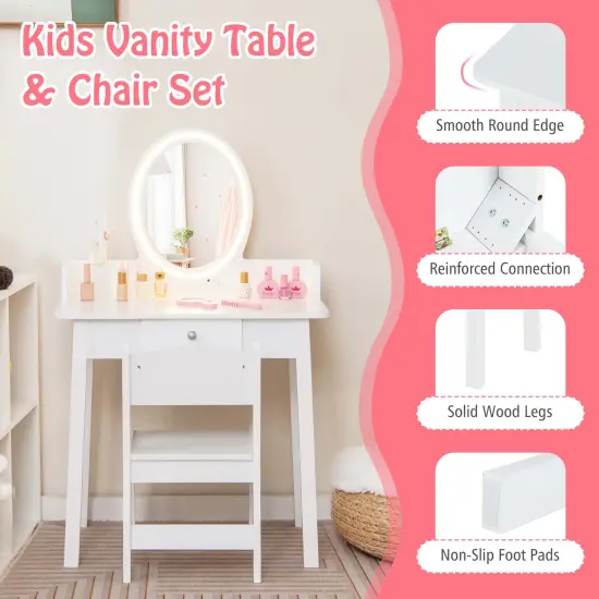 Costway Kids Vanity Set with Lighted Mirror Chair 2-Color LED Lighting for Girls Makeup White/Pink {5}