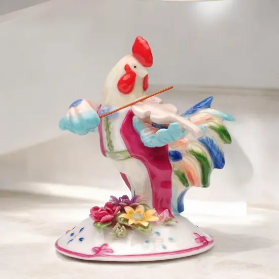 Ceramic Rooster Playing Violin Figurine, Farmhouse Decor, Rooster Lover Gift, Orchestra Gift, Gift for Musician {2}