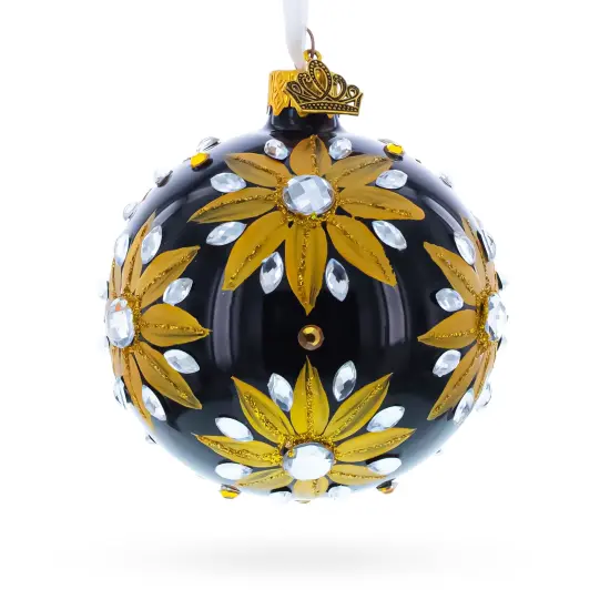 Golden Glitter Sunflower with Crystal Embellishments Glass Ball Christmas Ornament 3.25 Inches {3}