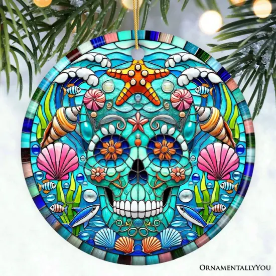 Oceanic Oasis Sugar Skull Stained Glass Style Ornament, Marine Wonder Christmas Gift and Decor {1}