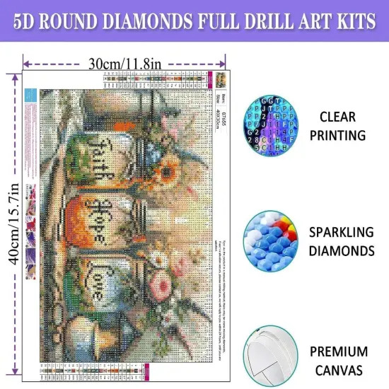 5D Diamond Painting Kits for Adults, Faith, Hope, Love Wishing Bottle Diamond Art kit for Adults Beginner, DIY Full Drill Diamond Dots with Diamond Gem Art and Crafts for Home Wall Decor 16 x 12 Inch {3}