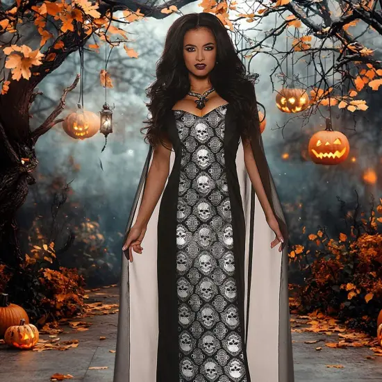 Womens Mortalia Costume Full Length Dress Skull Jacquard Trim Halloween {5}