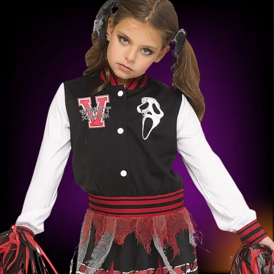 Kids Ghost Face Cheer Squad Halloween Costume &ndash; Varsity Dress with Pom Poms & Blood-Spattered Socks {4}