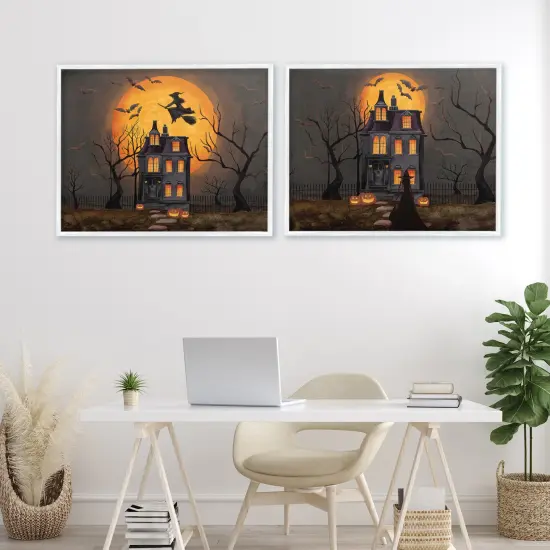 Haunted Houses with Moon 2pc Framed Giclee Art Set Black {7}