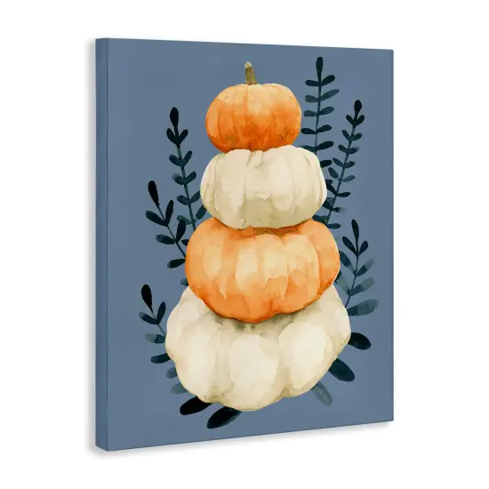 Stacked Fall Pumpkins Botanical Leaves Blue BackgroundCanvas Art {3}