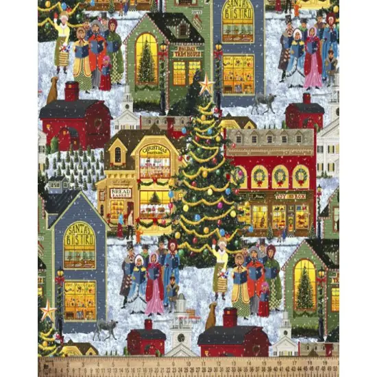 Christmas Town Tree Carolers Digital Cotton Print Fabric | By the Yard | Sewing and Crafting | 44 inches wide {1}