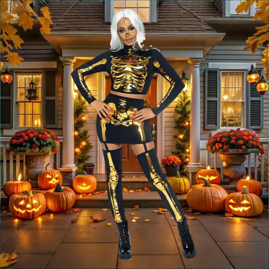 2 Pieces Golden Skeleton Costume for Halloween Graveyard and Theme Party Nights {4}