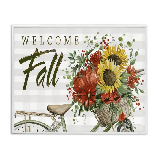 Welcome Fall Autumnal Flower Assortment Bicycle Basket Framed Giclee Art White {1}