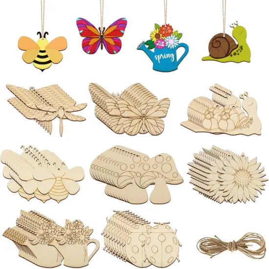 80PCS Wooden Spring Ornaments to Paint, 8 Styles DIY Blank Unfinished Wood Cutouts Ornament for Home Crafts Hanging Decorations, Insect Dragonfly Butterfly Snail Watering Can Mushroom Flower Shape {1}