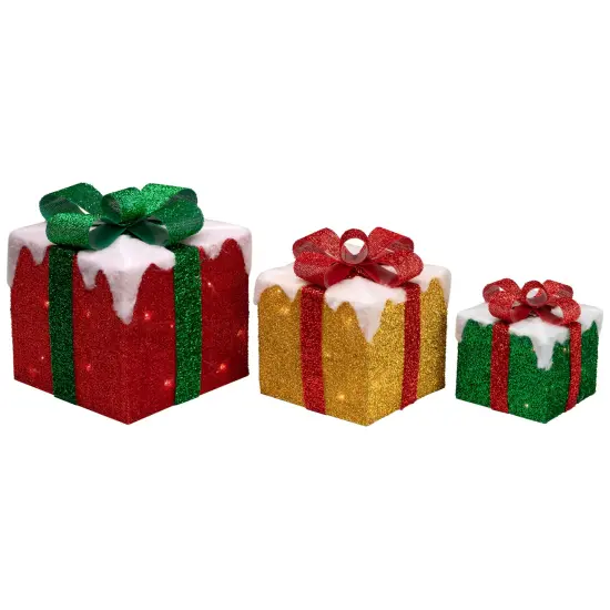 Northlight Set of 3 LED Lighted Green, Gold and Red Snowy Gift Boxes Outdoor Christmas Decorations {6}