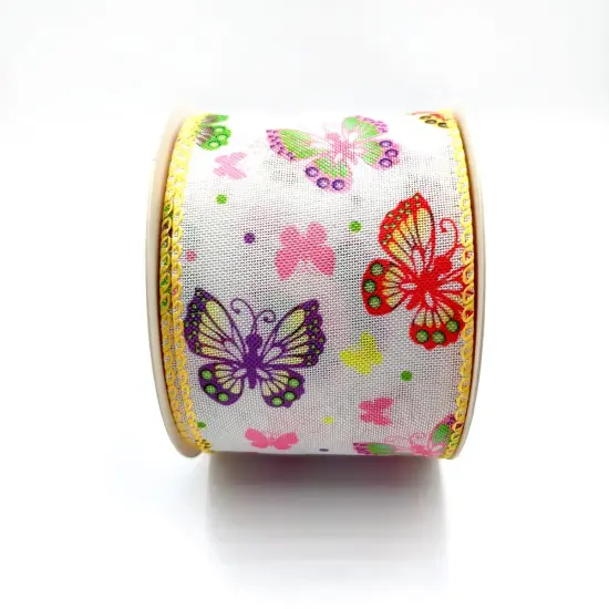 Designer's Shop WR 63-5202 Spring Summer Multi-colored butterflies on white burlap wired edge ribbons, 2.5" x 10 yards {2}