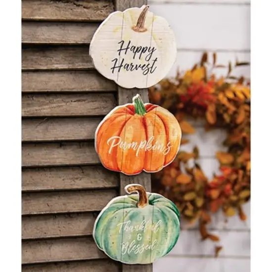 5-Inch Decorative Fall "Thankful Blessed and Pumpkin" Text Wood Signs for Seasonal Wall Display 3 Asstd. {5}