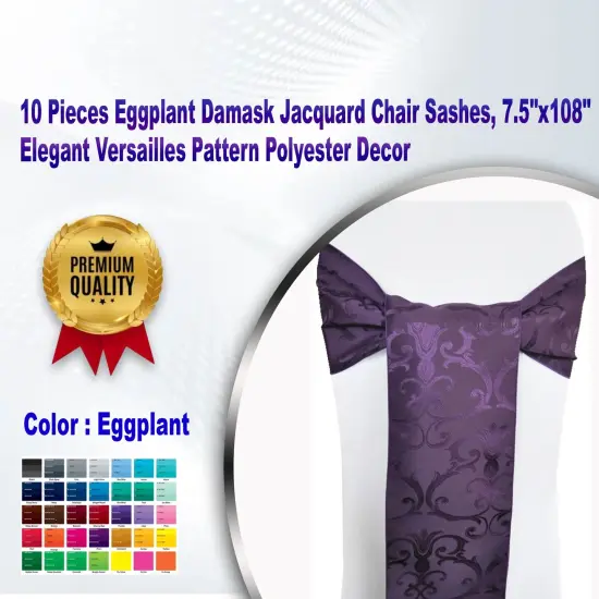 10 Pieces Eggplant Damask Jacquard Chair Sashes, 7.5"x108" Elegant Versailles Pattern Polyester Decor {1}