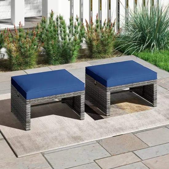 2 Piece Mix Grey Rattan Ottomans with Cushions, Sturdy Metal Frame and Multi-Function Design Navy {3}