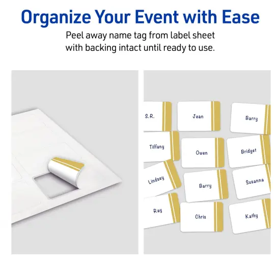 Avery® Printable Rectangle Adhesive Name Tags, Double-Dipped Gold Edge Design, 2-1/3" x 3-3/8", Matte White Removable Name Tags, Laser/Inkjet, 80 Total, Great for Name Badges {6}