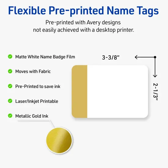 Avery® Printable Rectangle Adhesive Name Tags, Dipped Gold Edge Design, 2-1/3" x 3-3/8", Matte White Removable Name Tags, Laser/Inkjet, 80 Total, Great for Name Badges {2}