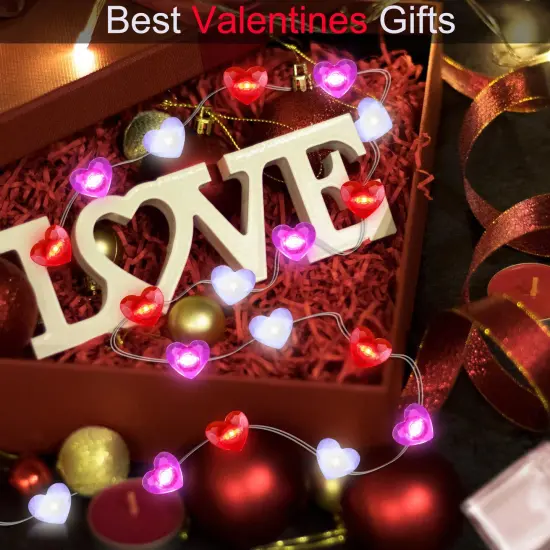 Valentines Day Decor 10FT 30 LED Valentine's Day Lights with Timer, Red Pink White Heart Lights String Battery Operated, 8 Modes Valentines Decorations Heart Fairy Lights Romantic Decor Home Bedroom {4}