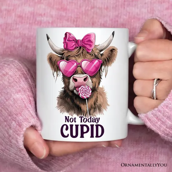 Valentines Highland Cow Mug, Not Today Cupid Funny Cow Lover Gift {2}
