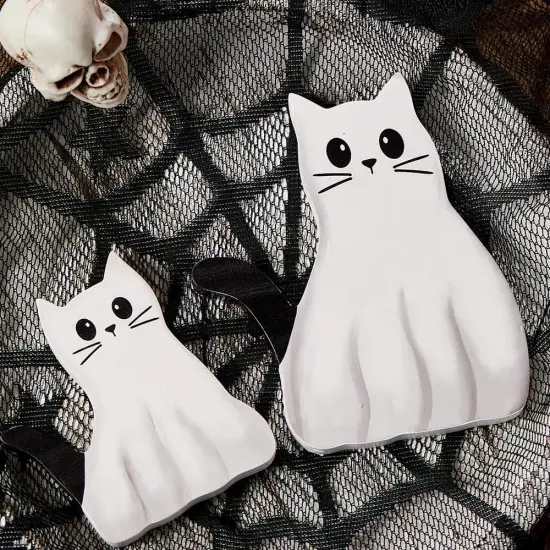 2 Pcs Halloween Decorations - White Cat Wooden Table Tiered Tray Signs {5}