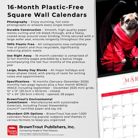 Fantasy Pugs OFFICIAL | 2026 12 x 24 Inch (Hanging) Monthly Square Wall Calendar | Foil Stamped Cover | Plastic-Free {6}
