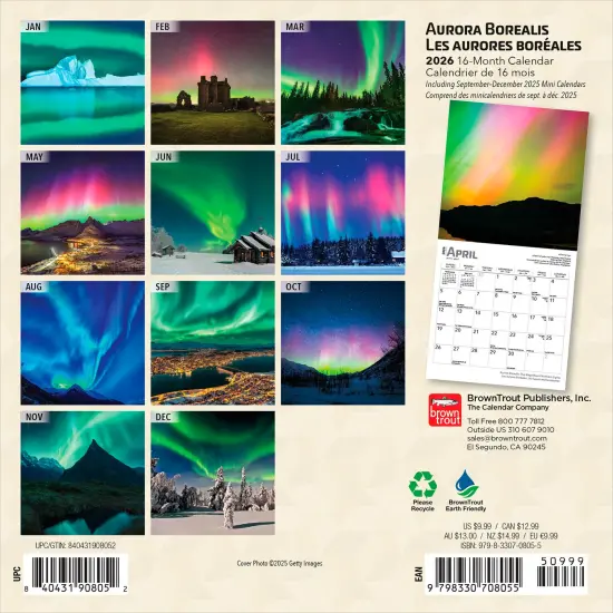 Aurora Borealis | 2026 7 x 14 Inch (Hanging) Monthly Mini Wall Calendar | English/French Bilingual {2}